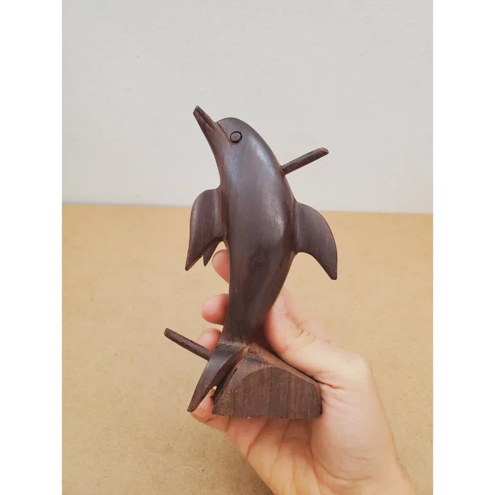 Vintage Hardwood Dolphin Statue Wood Carving, Rustic Nautical Beach Home Decor - Picture 8 of 15